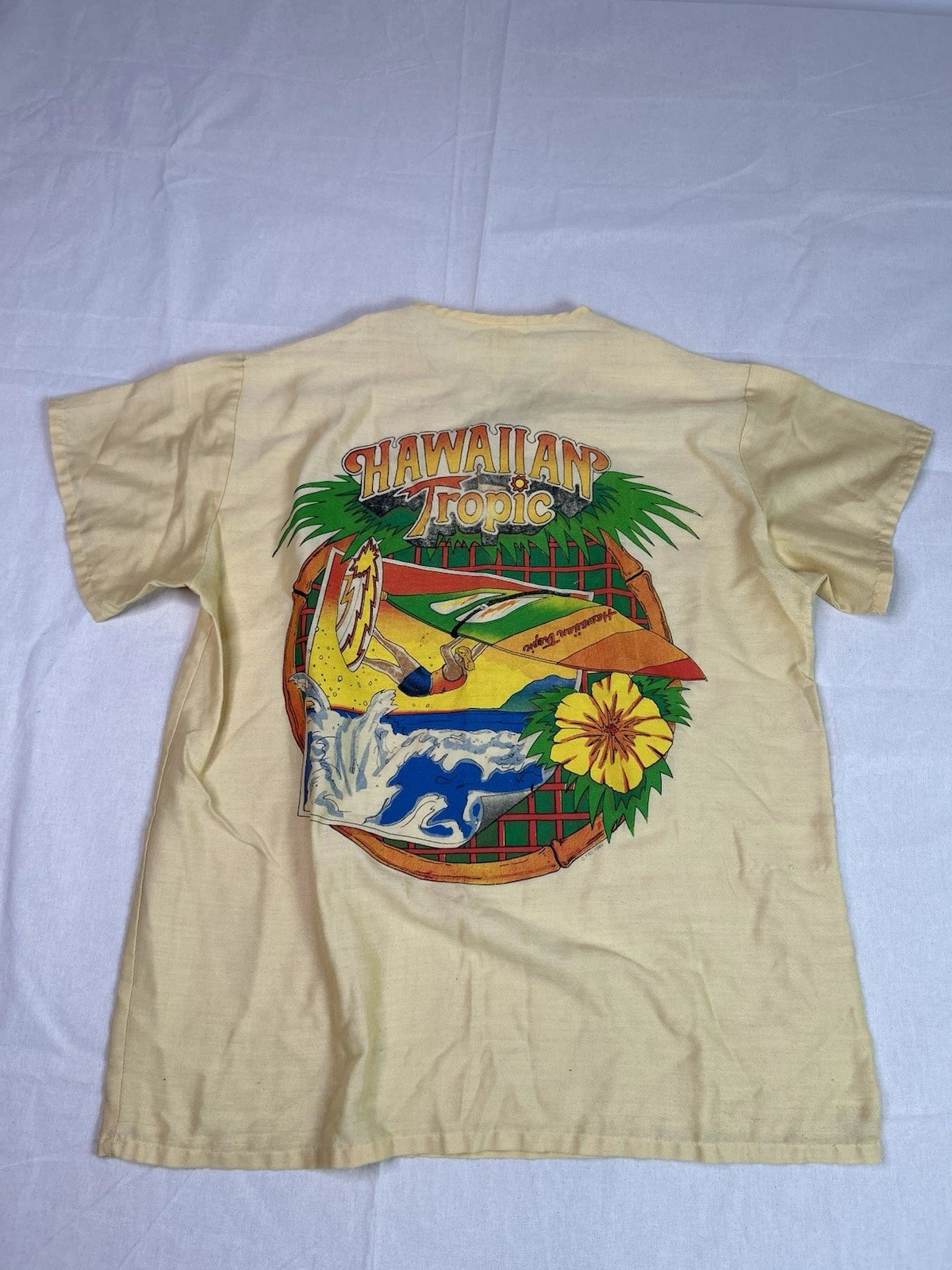 Vintage Hawaiian Tropic 1986 Promo Shirt Yellow Medium V Neck Woven Pocket B25