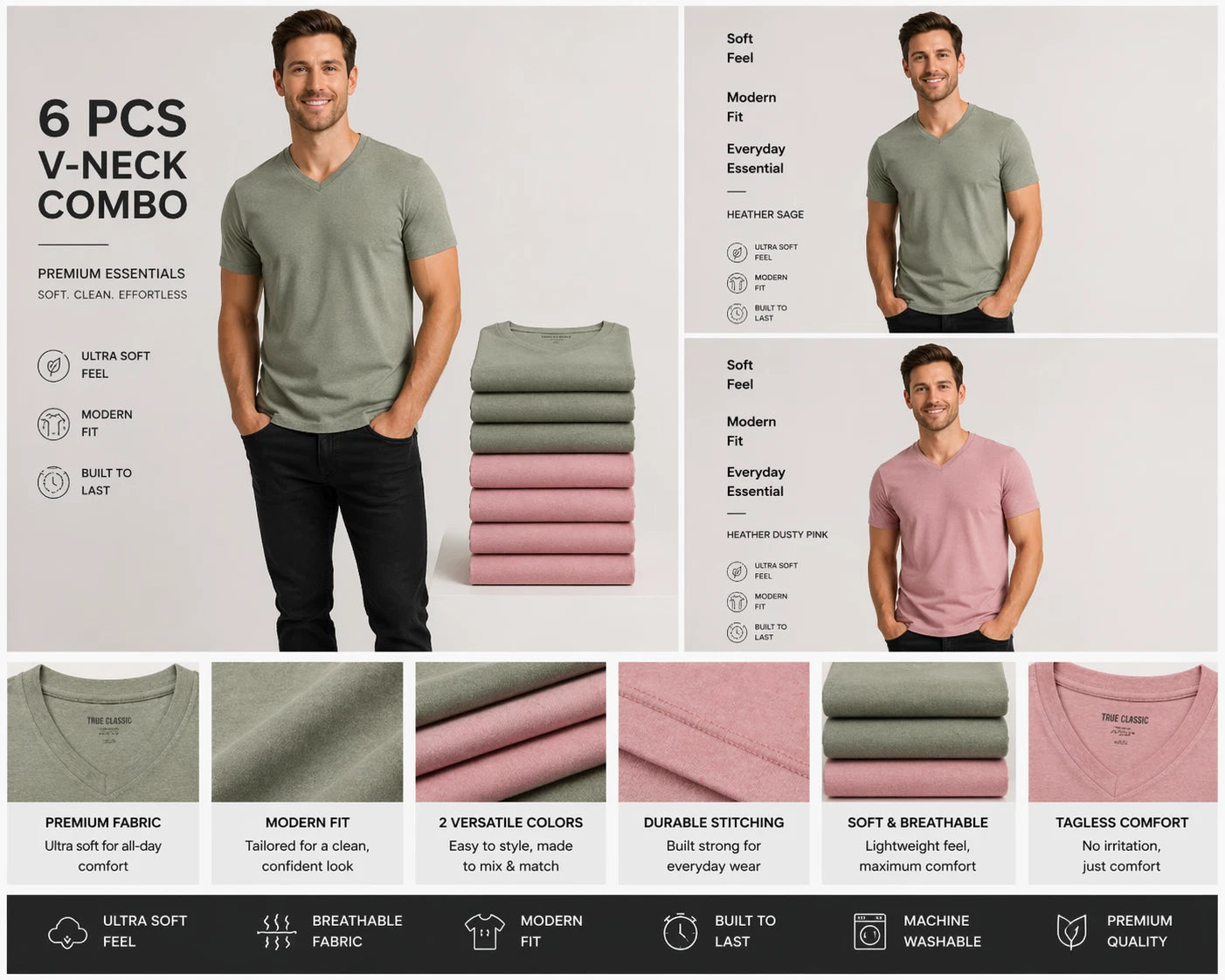 True Classic V-Neck 6 Pack Men Size 2XL Pink & Sage Special Bundle Deal