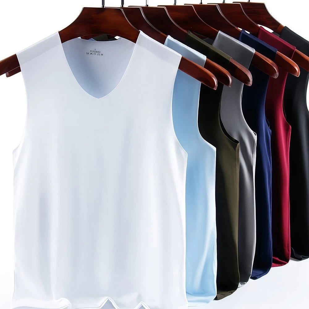 Mens Solid Color Ice Silk Vest Sleeveless V Neck Casual For Vacation Use