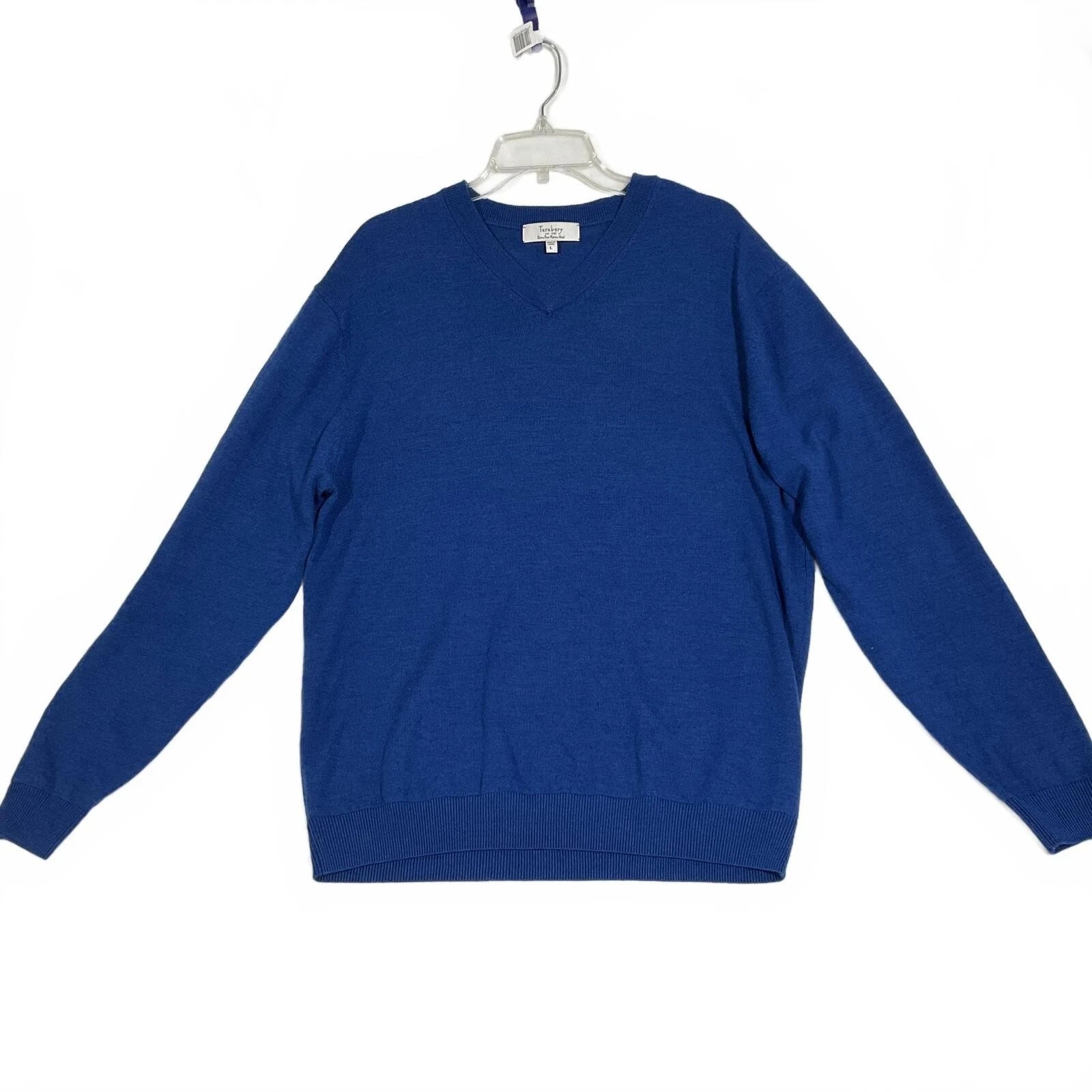 Turnbury Men's Extra Fine Merino Wool V-Neck Sweater - Blue, Size L b34