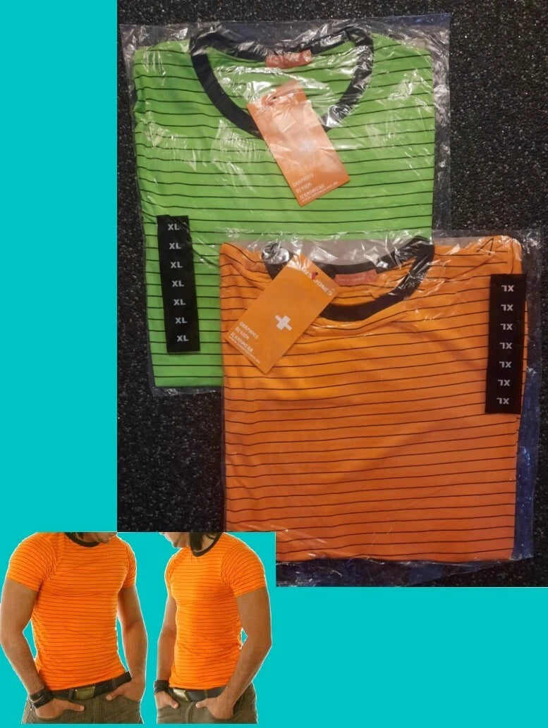 Men's T-Shirt Stretch Slim Fit XL Orange Green Black Striped New