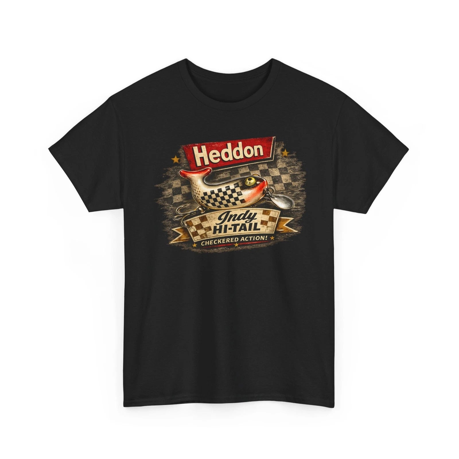 Heddon Indy Hi-Tail Fishing Vintage Lure Checkered Flag Action T-Shirt
