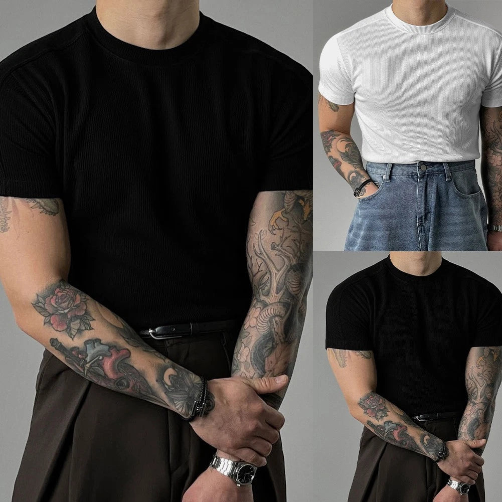 Men Fitness Tee Slim Athletic Tee Small High Collar Ribbed Texture Slim Fit