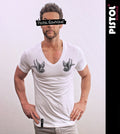 Pistol Boutique Herren Slim Fit Weißes Tattoo Deep V-Neck T-Shirt mit Motiv