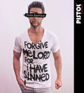 Pistol Boutique Herren Slim Fit Weißes T-Shirt Deep V-Ausschnitt FORGIVE ME LORD