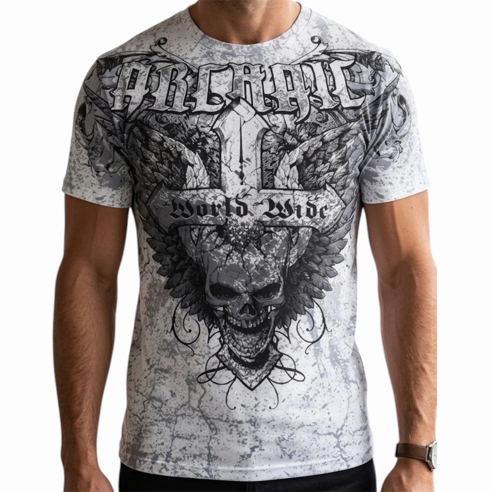 ARCHAIC by AFFLICTION White WORLDWIDE Short Sleeve Slim Fit Y2K T-shirt NWT