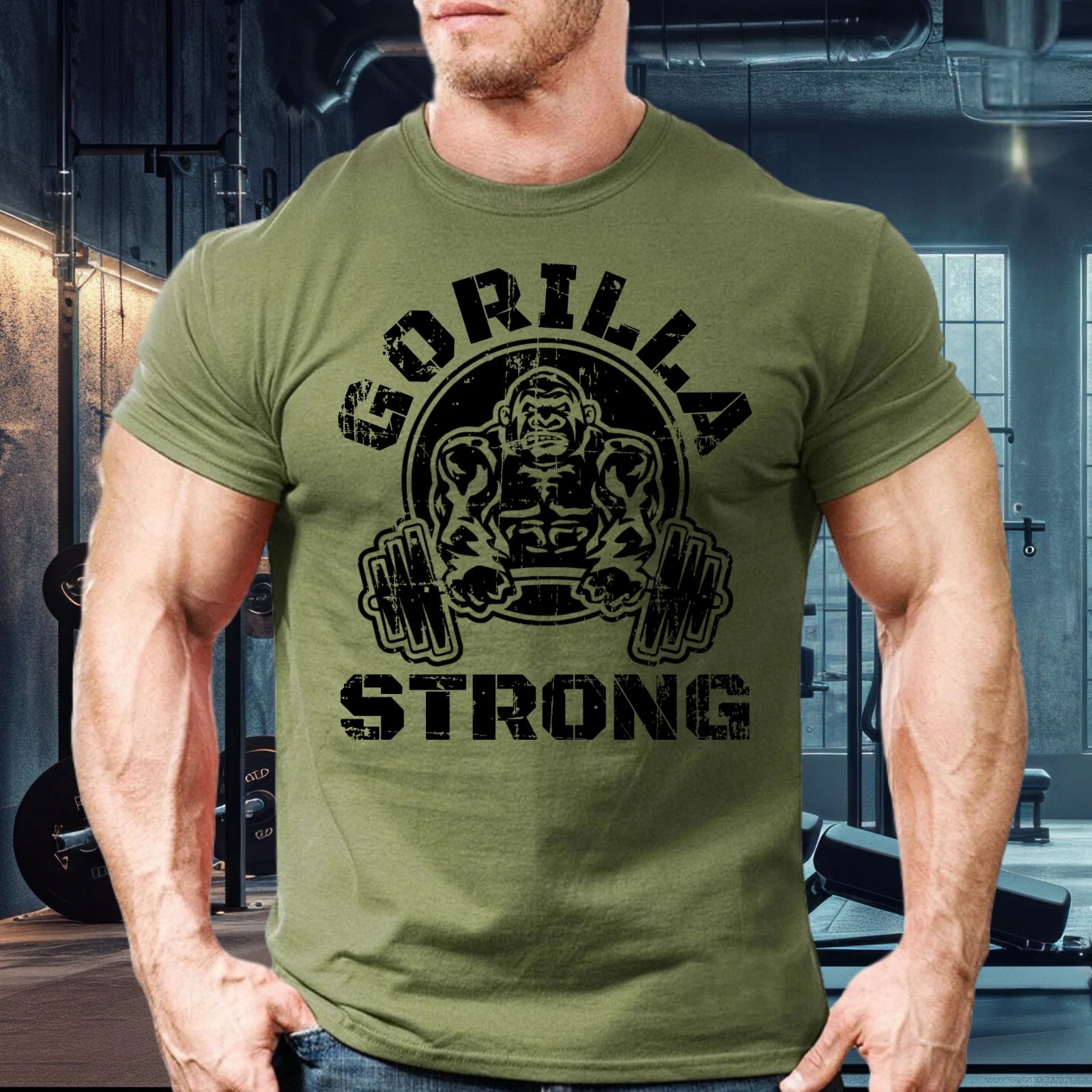 GORILLA STRONG BARBELL GYM T-SHIRT, WORKOUT SHIRT, GYM CLOTHES, BODYBUILDING Tee