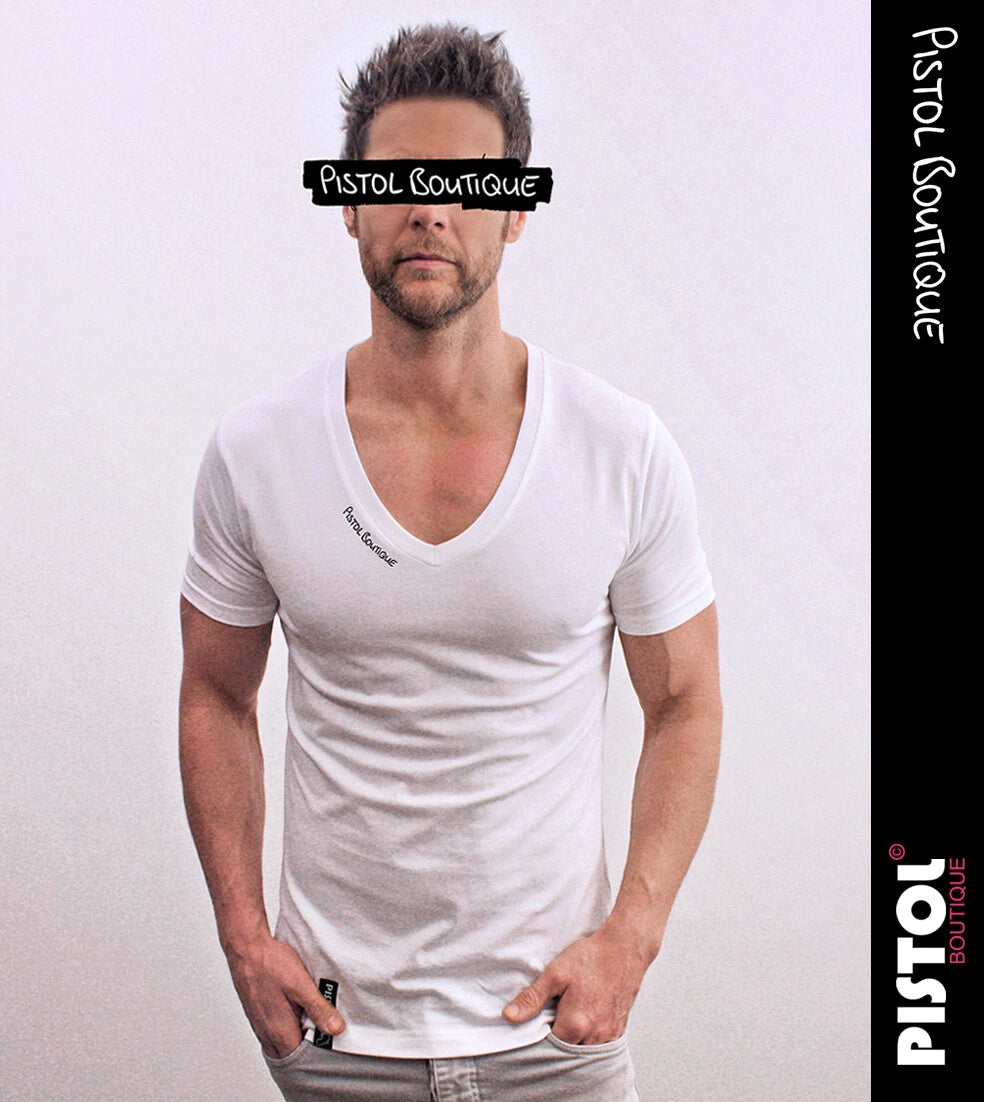 Pistol Boutique Herren Weiß Enganliegend Einfarbig Unbedruckt Tief V-Neck Logo T