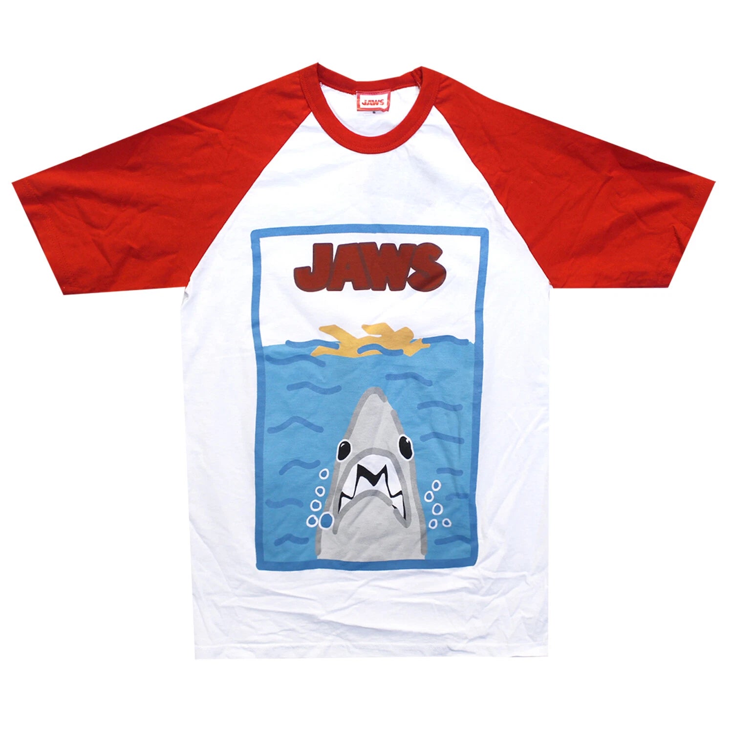 Mens JAWS Red White T-Shirt Top Size S M L XL Retro Doodle Raglan