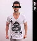 Pistol Boutique Herren Slim Fit Weißes Deep V-Neck ACE OF SPADES Skull T-Shirt