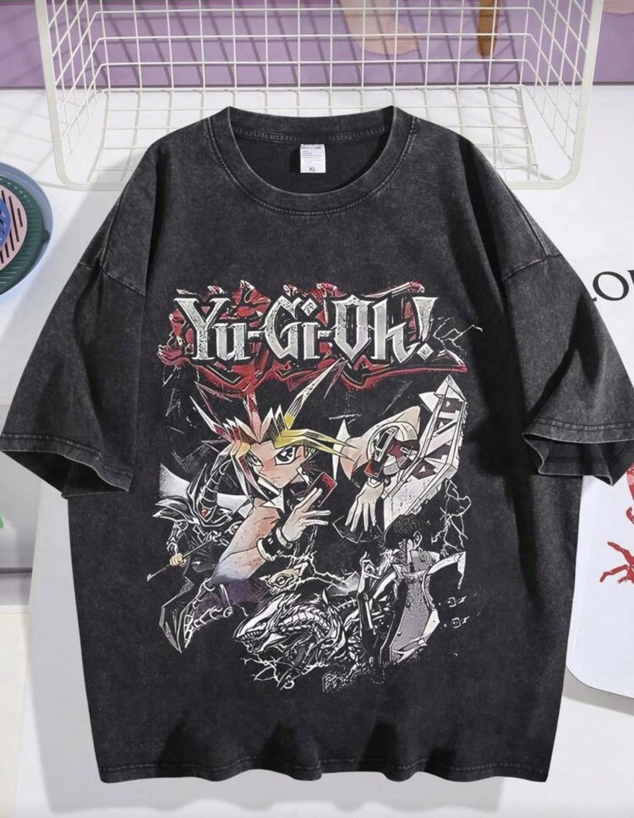 Men Vintage Washed Anime Graphic T Shirt Retro Streetwear Cotton Casual Tee