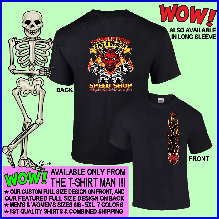Hot Rod Thunder Road Speed Demon Devil Speed Shop Gasser Drag Race Car T-shirt 1