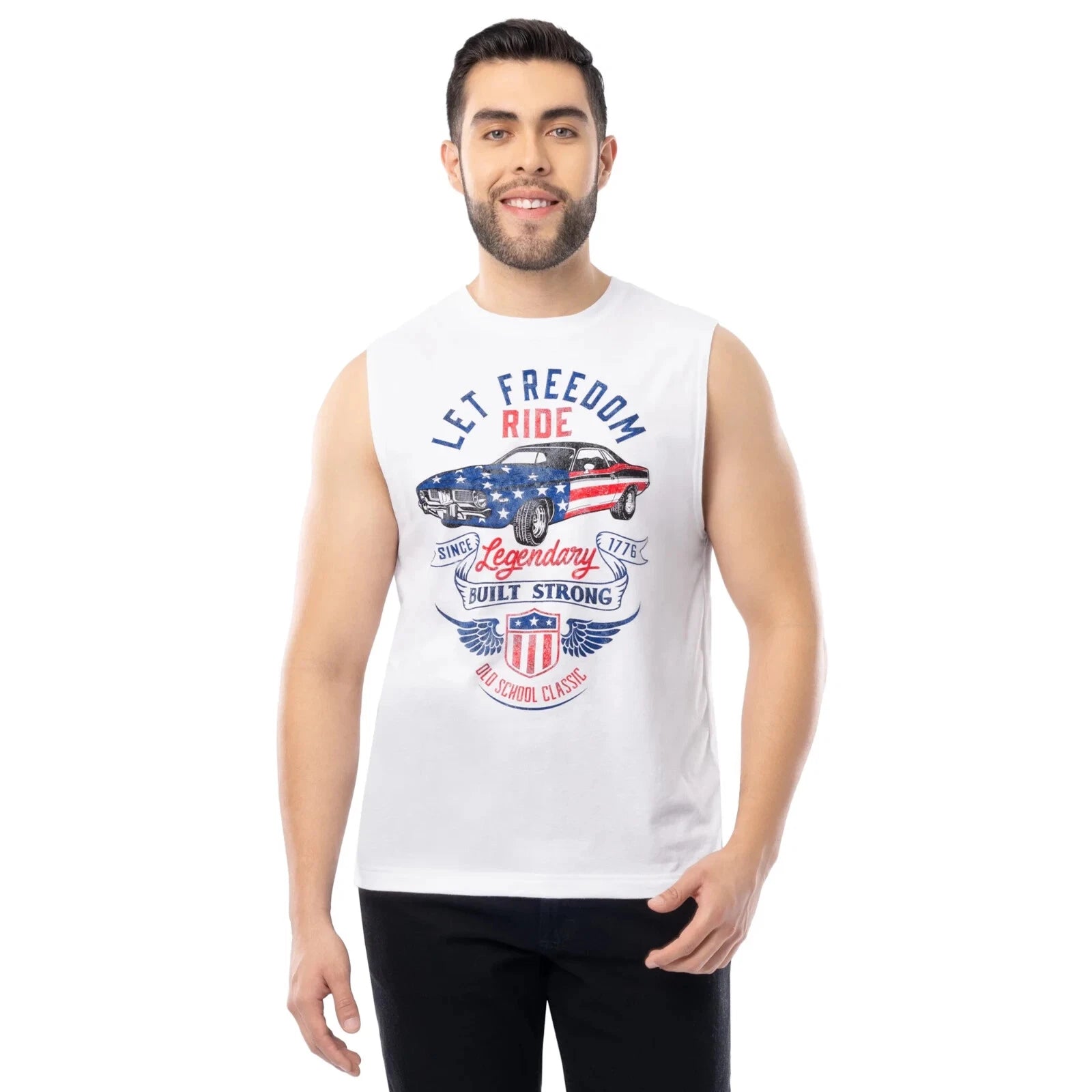 Way to Celebrate Men's 4th of July Vintage Car Americana Muscle Tank White