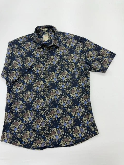 Dapper Men Blue Floral Slim Fit Shirt 2XL Vintage Button-Up 100% Cotton
