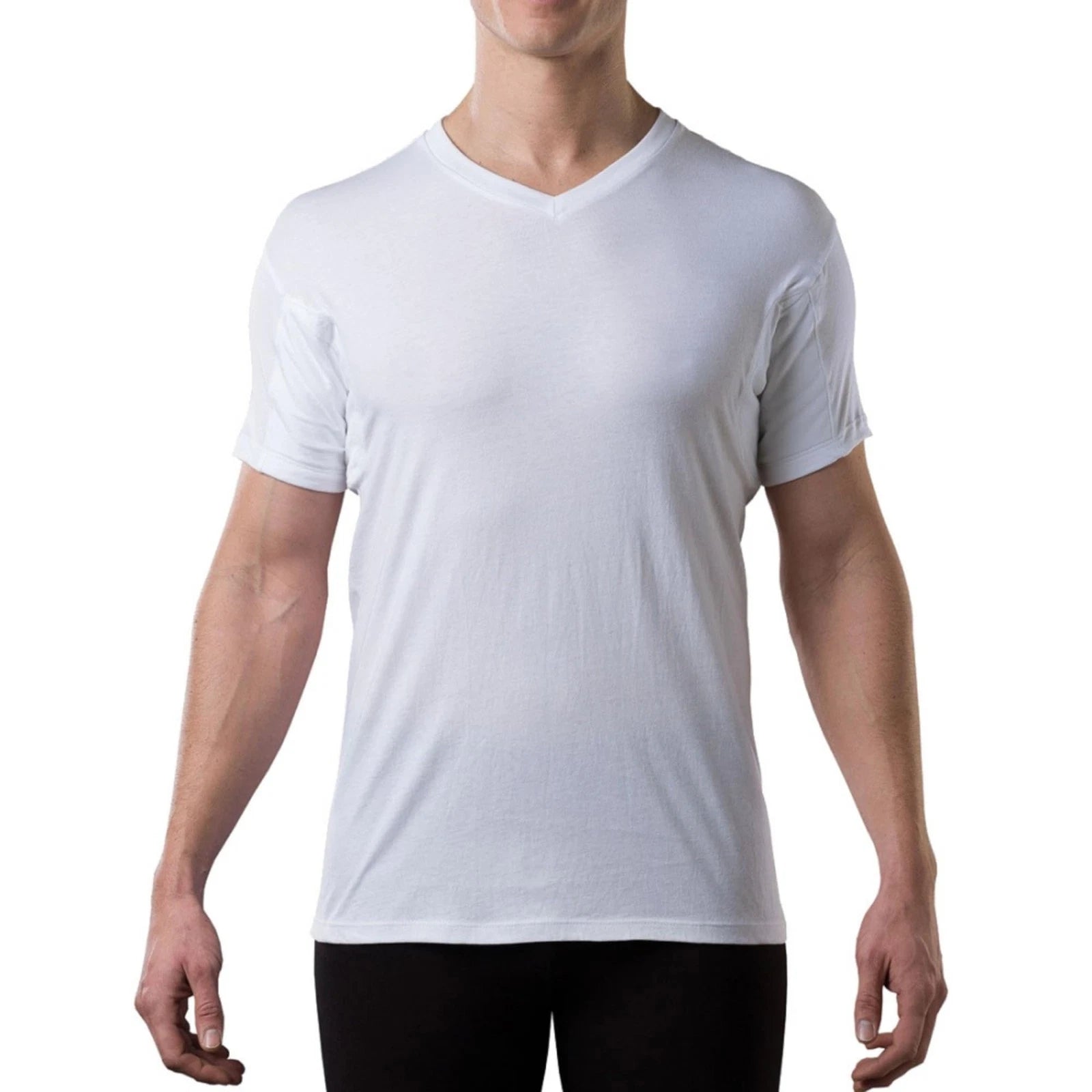 Mens Sweatproof Undershirt - Cotton V Neck T-Shirt with Underarm Sweat Pads -
