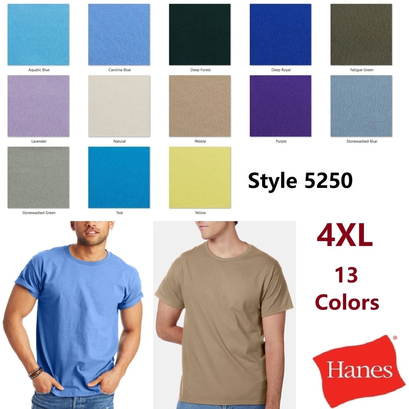 Hanes 5250 4XL Authentic Short Sleeve Men's Unisex Cotton T-Shirt Pit to Pit 29"