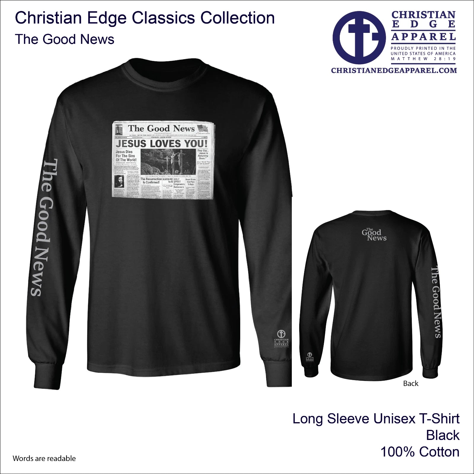 The Good News Long Sleeve T-Shirt Christian Edge Apparel Jesus Christ Loves You