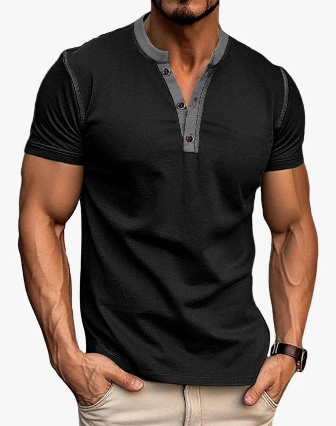 Mens Henley Shirt Short Sleeve Slim Fit Contrast Button Placket Black Medium