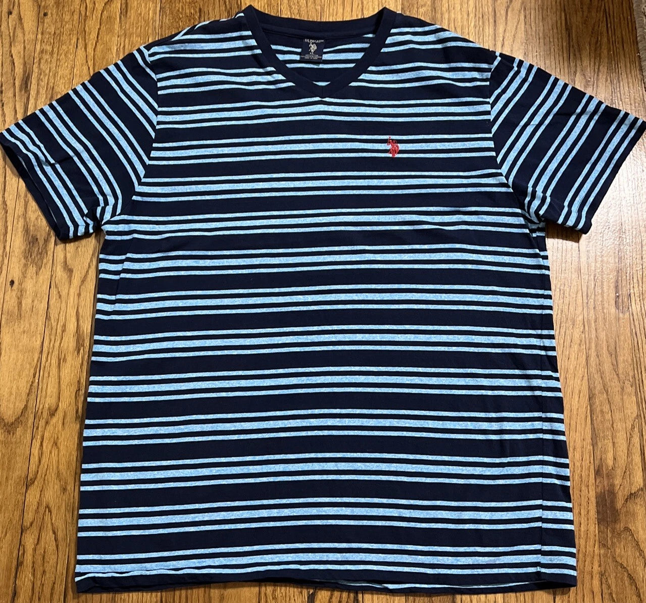 US Polo Assn. Shirt Mens Blue Striped Short Sleeve V Neck Cotton Logo T-Shirt XL