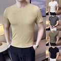 Men Slim Fit Short Sleeve T-Shirt Ribbed Texture Crew Neck Stretchy Thin Top