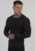 SikSilk Men's Long Sleeve Muscle Fit Crew Neck T-Shirt Tee Black