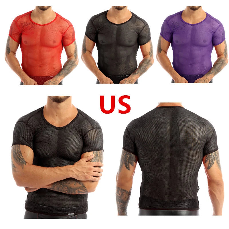 Mens Casual Mesh Fitted T-shirts Muscle Top Breathable Gym Tank Vest Clubwear
