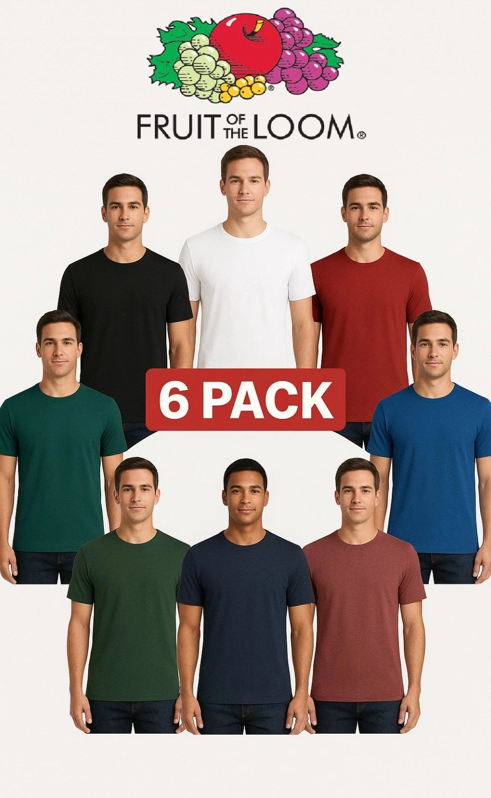 Fruit of the Loom Men's 6 PK Iconic T-Shirts - Assorted Colors Size S to 4XL