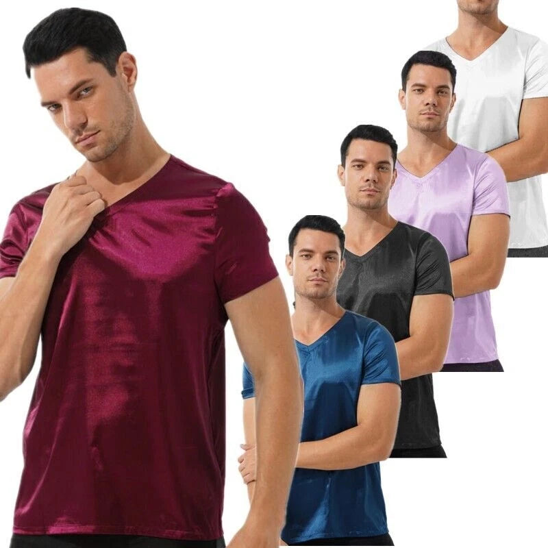 Men Shirts V Neck Tops Soft Shirt Party T-shirt Night Top Stain Blouse Exotic