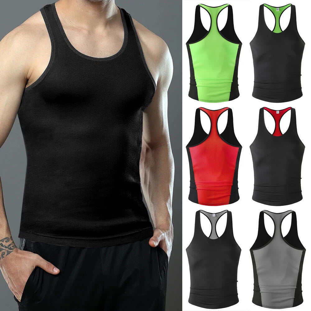 Men Sports Vest Fitness Gym Tops Slim Fit Breathable Quick Dry Stretch Tank Tops