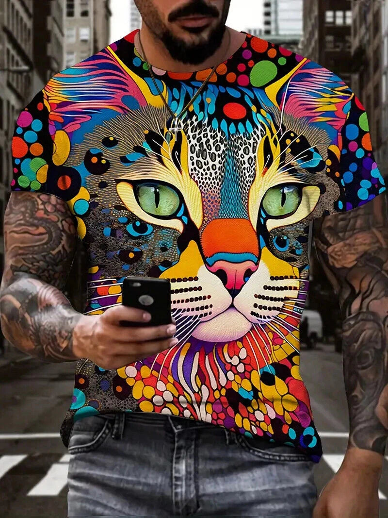 T Shirt Colorful Art Cat 3D Graphic Print Fashion Short Sleeve Lightweight Silky