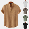 Mens Stand Collar Solid Color Shirt Casual Loose Button Short Sleeve Blouse Top