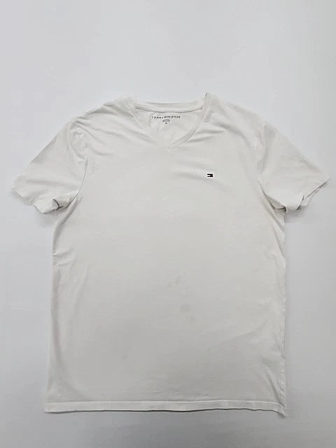 Tommy Hilfiger Men White Logo V-Neck Stretch T-Shirt Size M Excellent