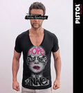 Pistol Boutique Men's Fitted Black Deep V Neck GRAFFITI SUNGLASSES GIRL T-shirt