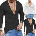 Men's Classic Plain Slim Fit Long Sleeve T shirt V Neck Button Tops Tee Blouse