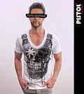 Pistol Boutique Men's Fitted White Deep V Neck GRAFFITI SKULL CROWN T-shirt