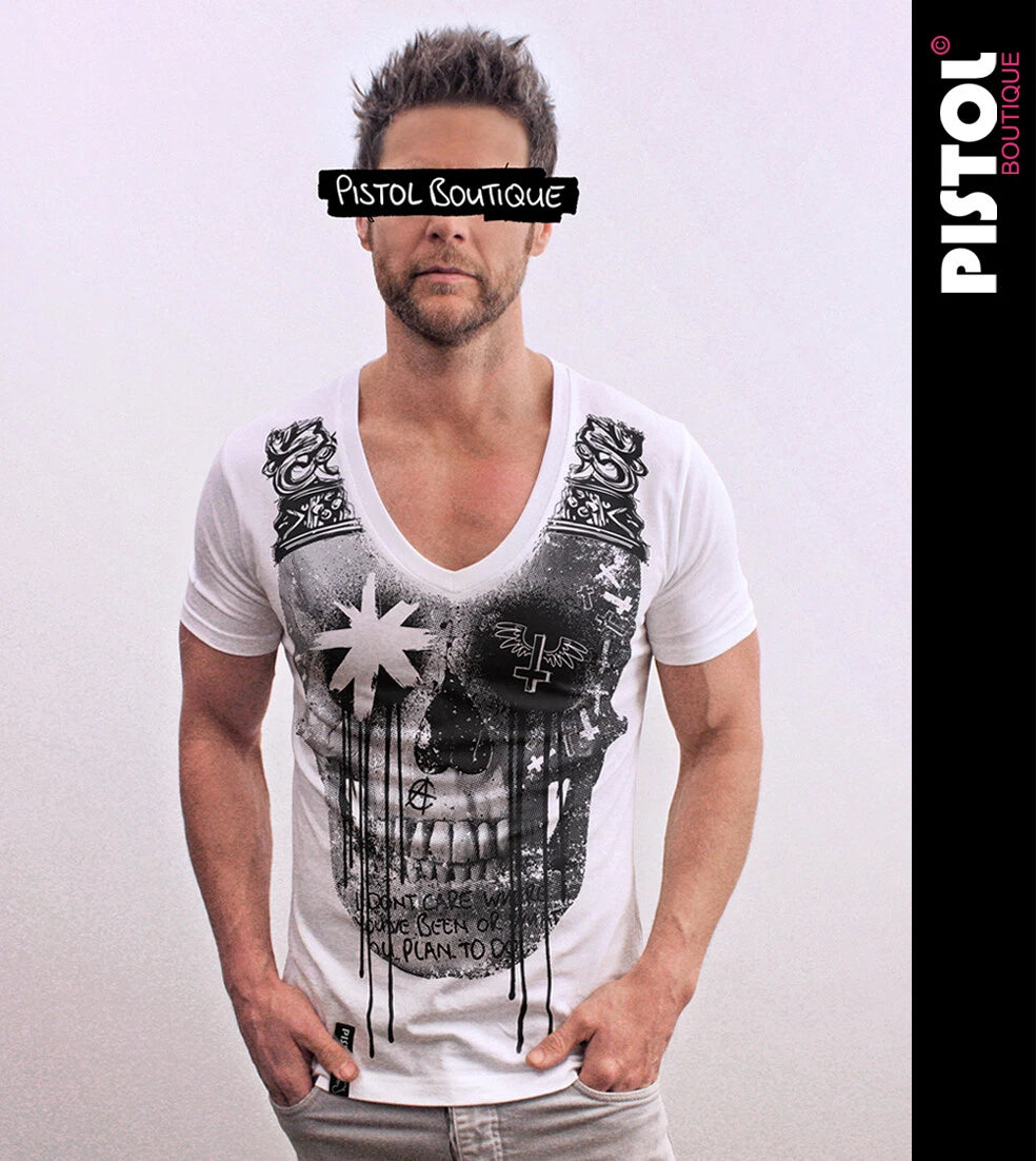 Pistol Boutique Men's Fitted White Deep V Neck GRAFFITI SKULL CROWN T-shirt
