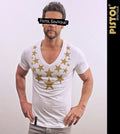 Pistol Boutique Herren Slim Fit Weißes Deep V-Neck T-Shirt Gold Stars Druck