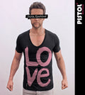Pistol Boutique Men's Black Fitted Deep V Neck T-Shirt LOVE GRAFFITI