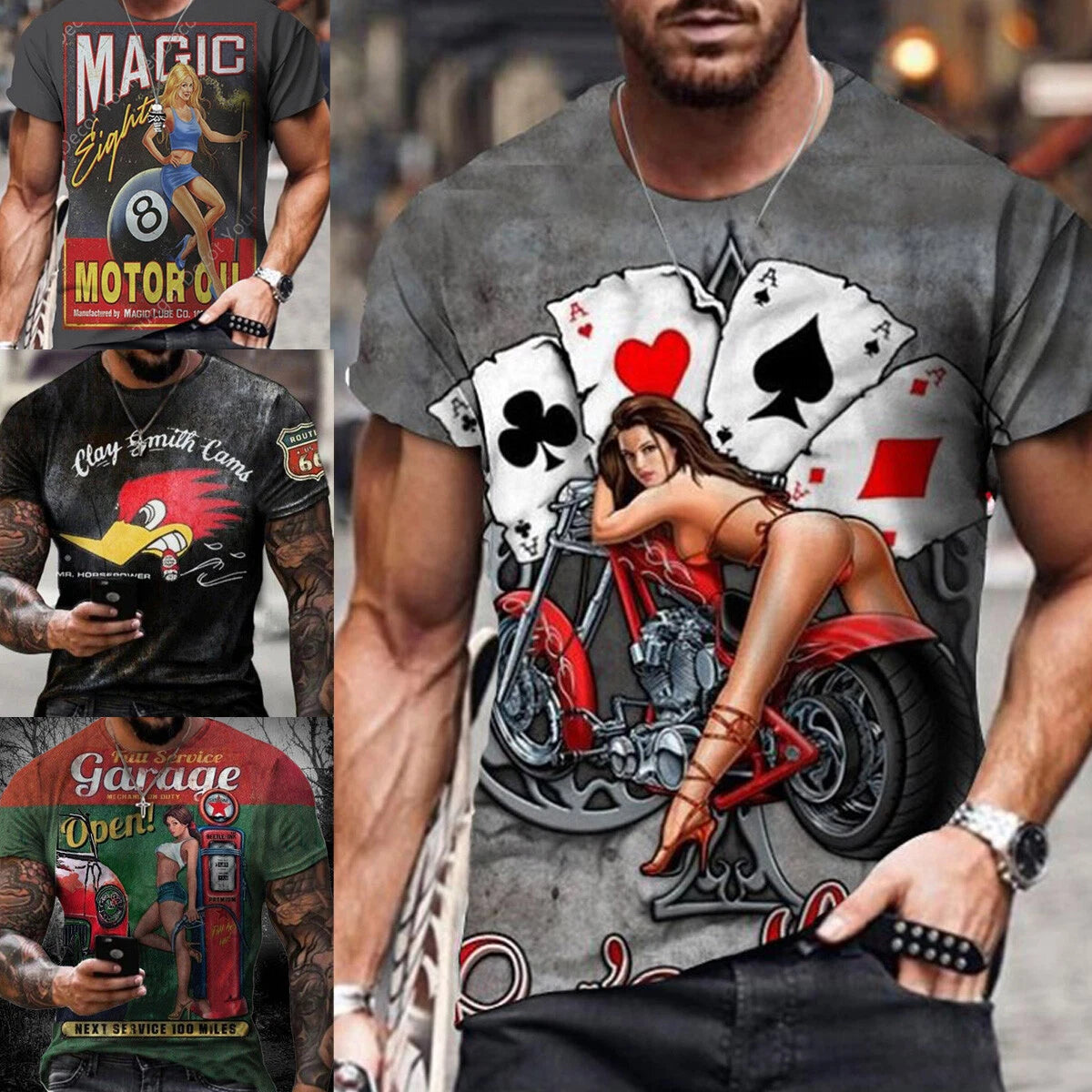 Poker Sexy Girl Soft Tail Motorcycle Pin-Up T-Shirt Oil Fuel Gasoline Gift Biker