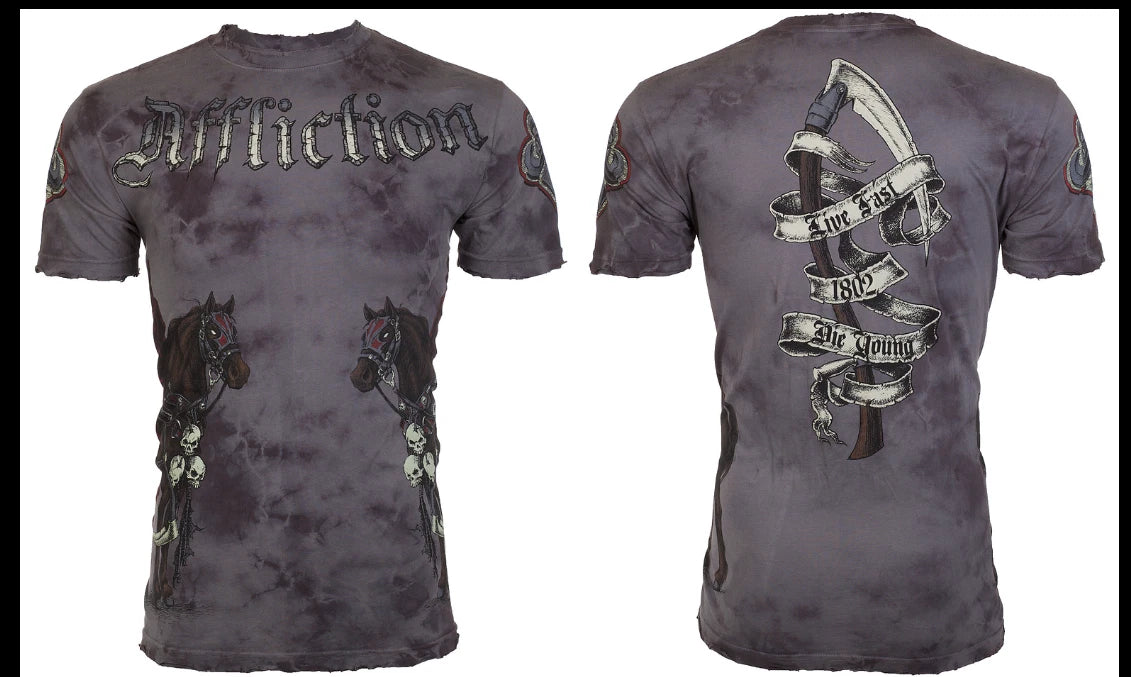 Rare $62 AFFLICTION Charcoal Tea Stain RIDERS Short Sleeve Slim Fit Y2K T-shirt