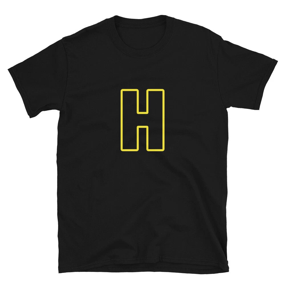 Letter  H Yellow Bold Font Simple Black T-Shirt