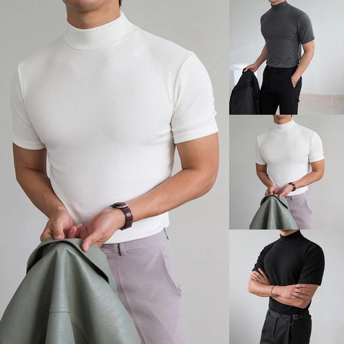 Breathable Men's Slim Fit T Shirt Half High Collar Short Sleeve Solid Style