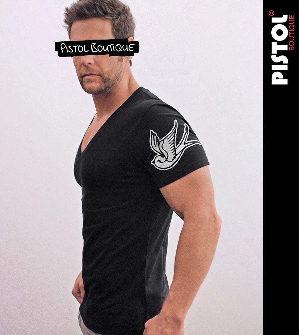 Pistol Boutique Herren Slim Fit Schwarzes Tiefes V-Ausschnitt Tattoo T-Shirt