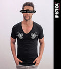 Pistol Boutique Herren Slim Fit Schwarzes T-Shirt Deep V Neck Tattoo