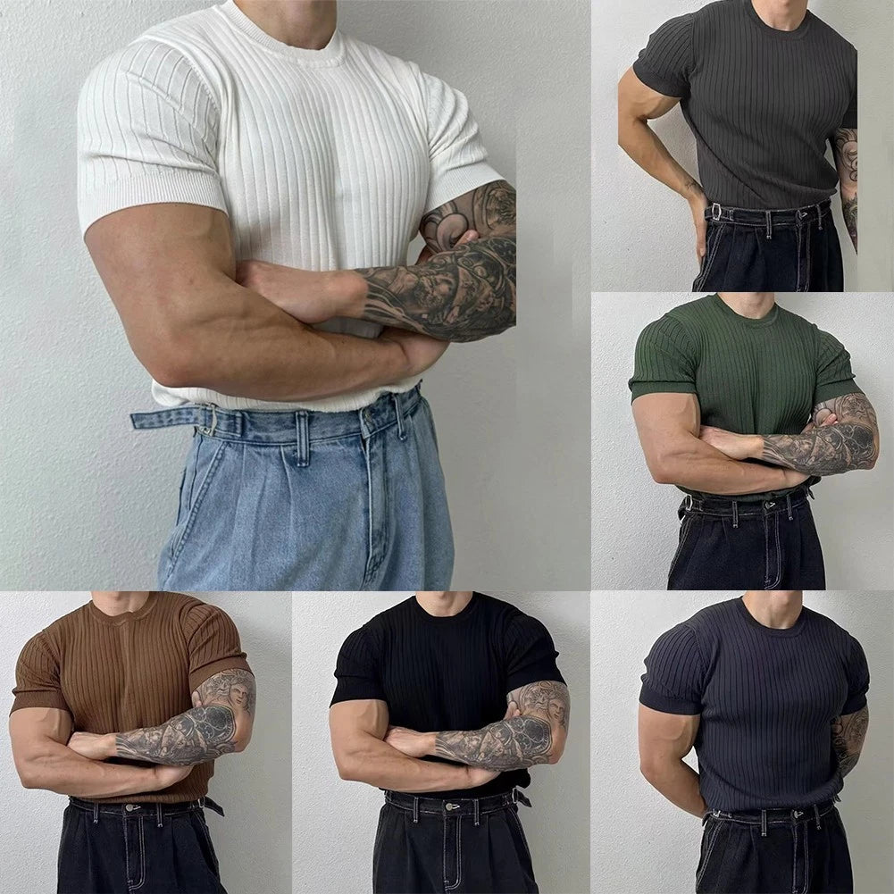 Elastic Men Gym TShirt Casual Sports Slim Fit Muscle Fitness Short Sleeve Shirt