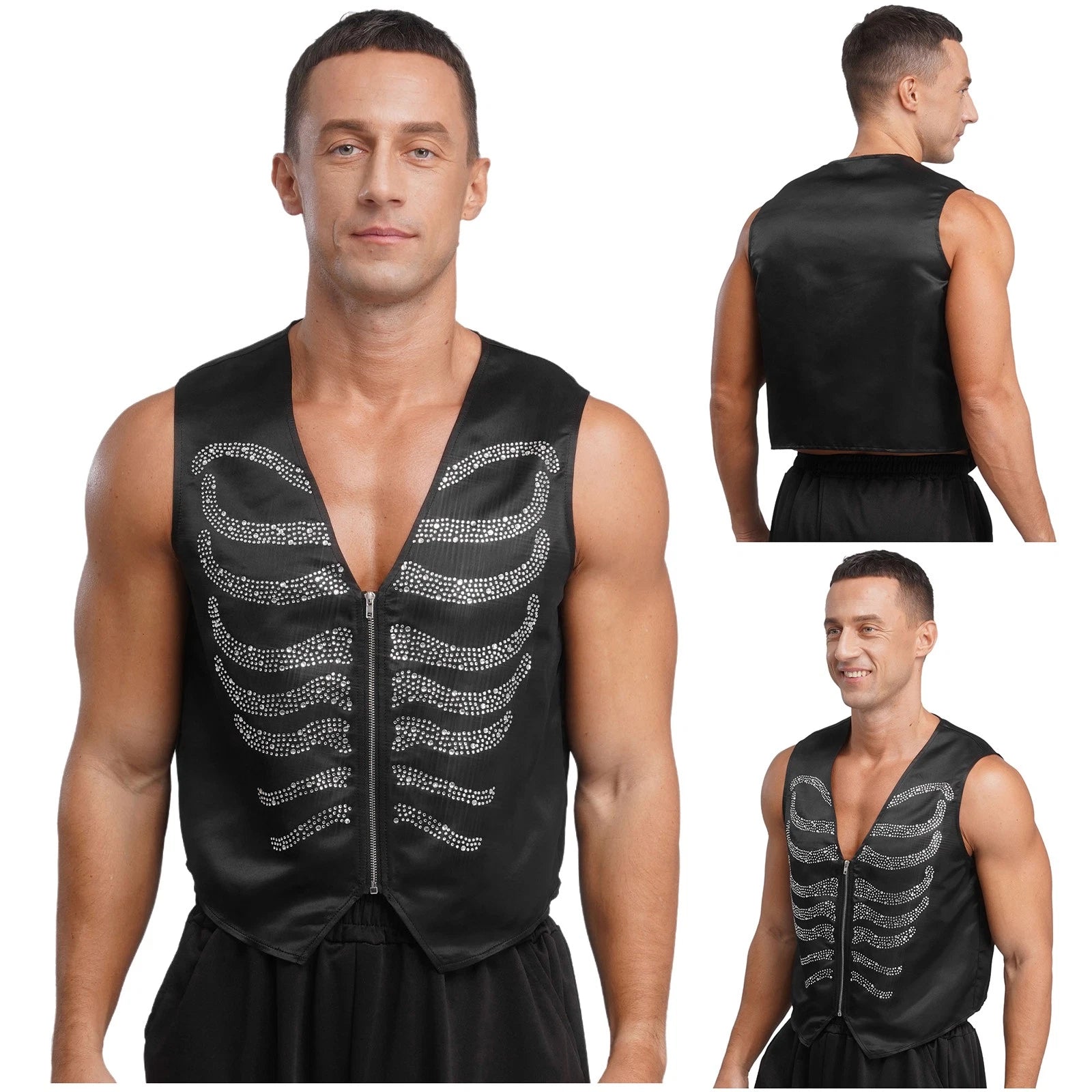 Men's Sleeveless V Neckline Skeleton Shaped Decor Vest Zipper Front Waistcoat