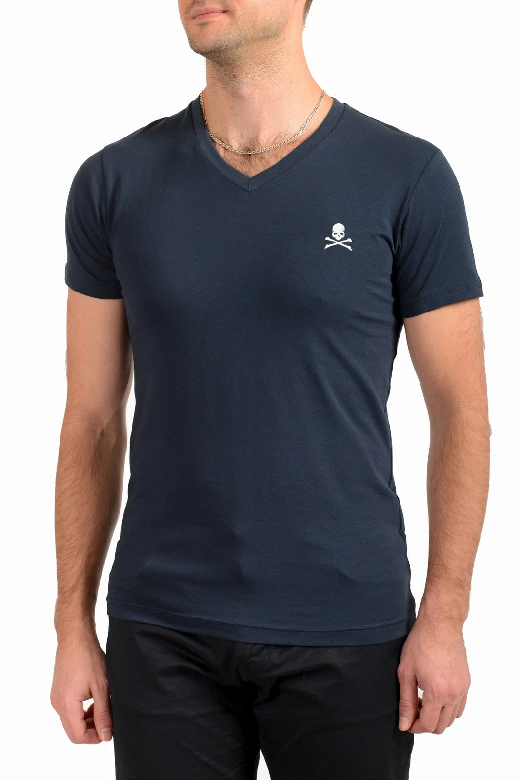Philipp Plein Men's Navy Blue Short Sleeve Logo Print V-Neck T-Shirt US L IT 52