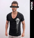 Pistol Boutique Men's Fitted Black Deep V neck HOPES FEARS CHEST SKULL T-shirt