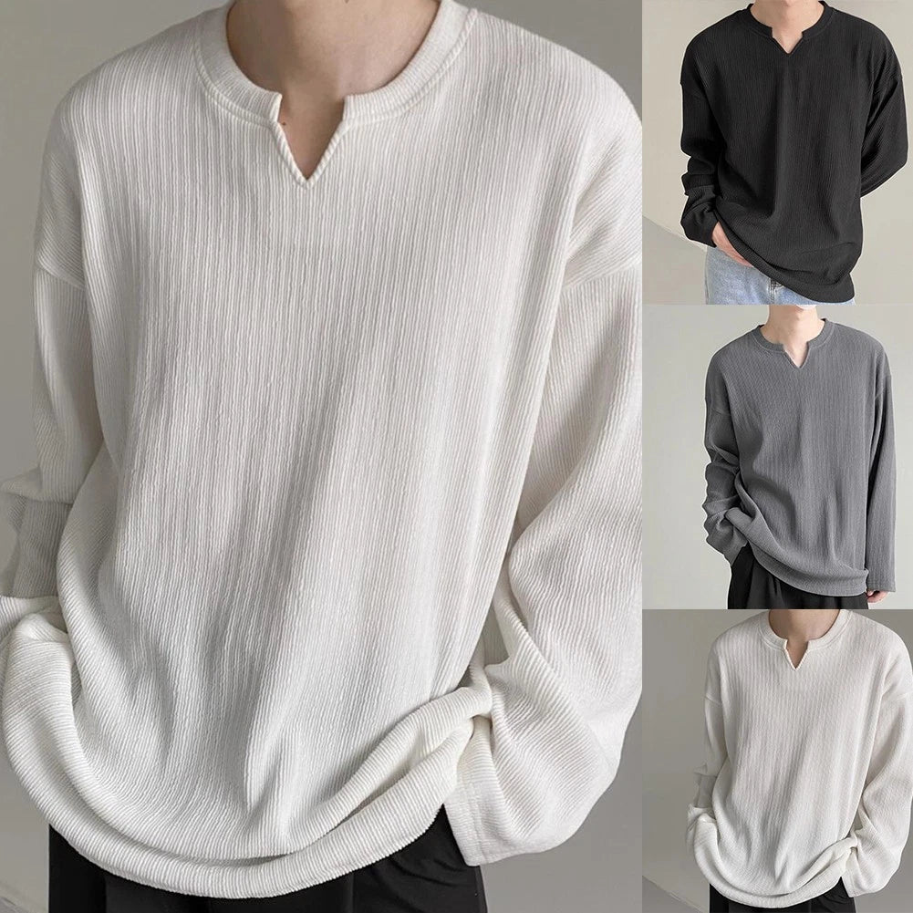 Autumn Ready Men's Long Sleeve T Shirts with Striped Design and V Neck Style