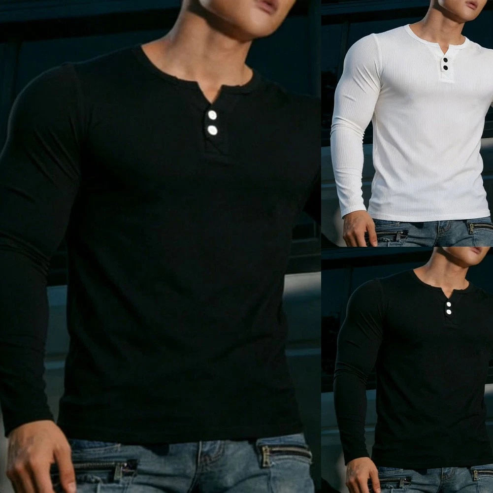 Solid Color Slim Fit Long Sleeve V Neck T-Shirt for Men Casual Daily Top